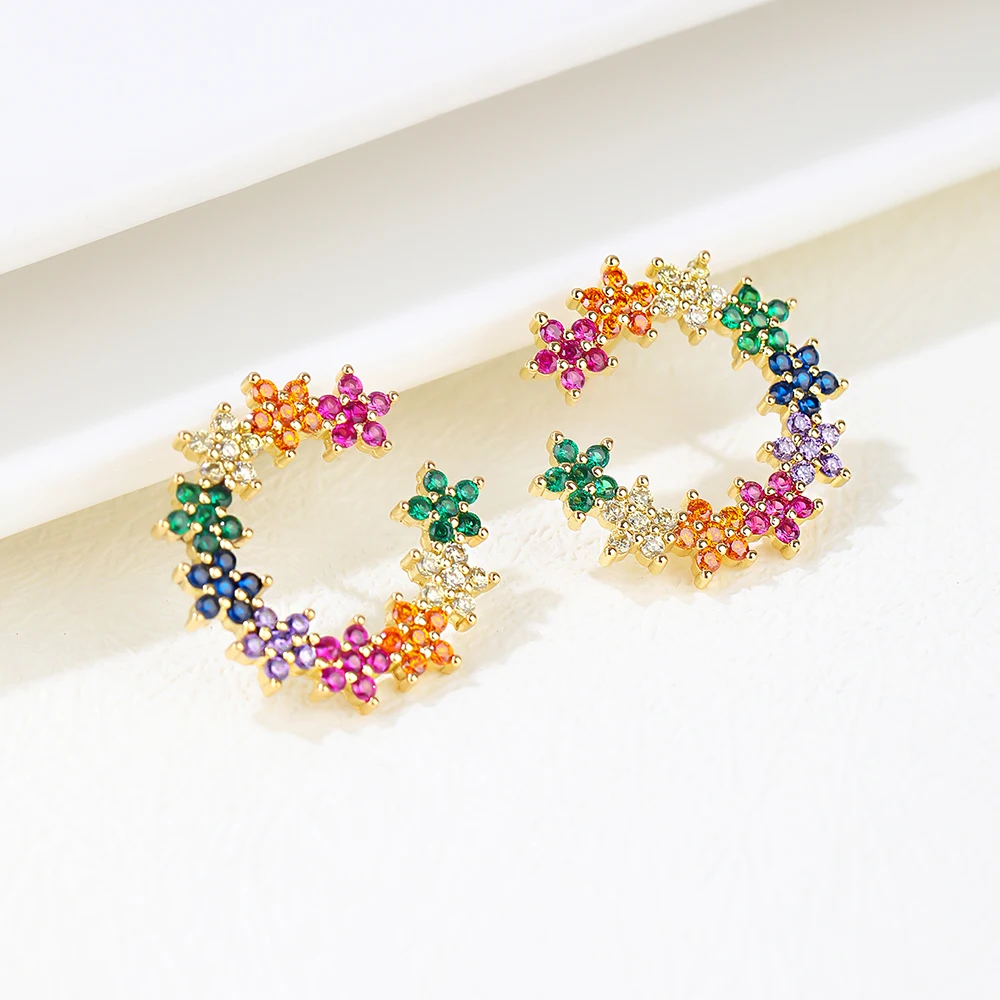 Cubic Zirconia Semicircle Stud Earrings Flower Colorful Zircon Circle Gold Color Earring For Women Fashion Party Jewelry Gifts