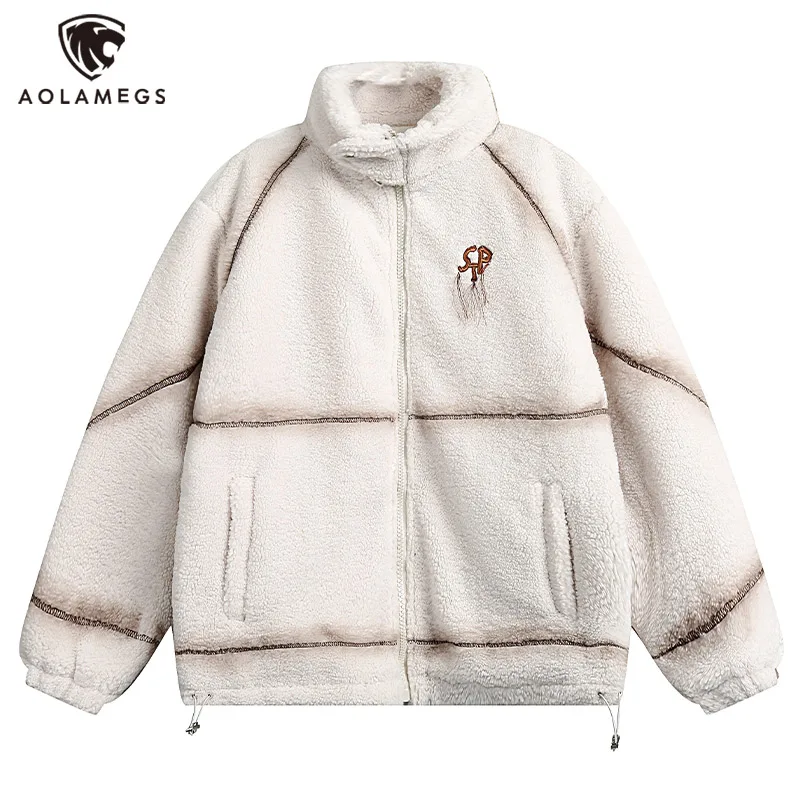 

Aolamegs Men Lamb Velvet Jacket Oversized Streetwear Coats Embroidery Gradient Cotton Parkas American Retro Loose Outwear Unisex