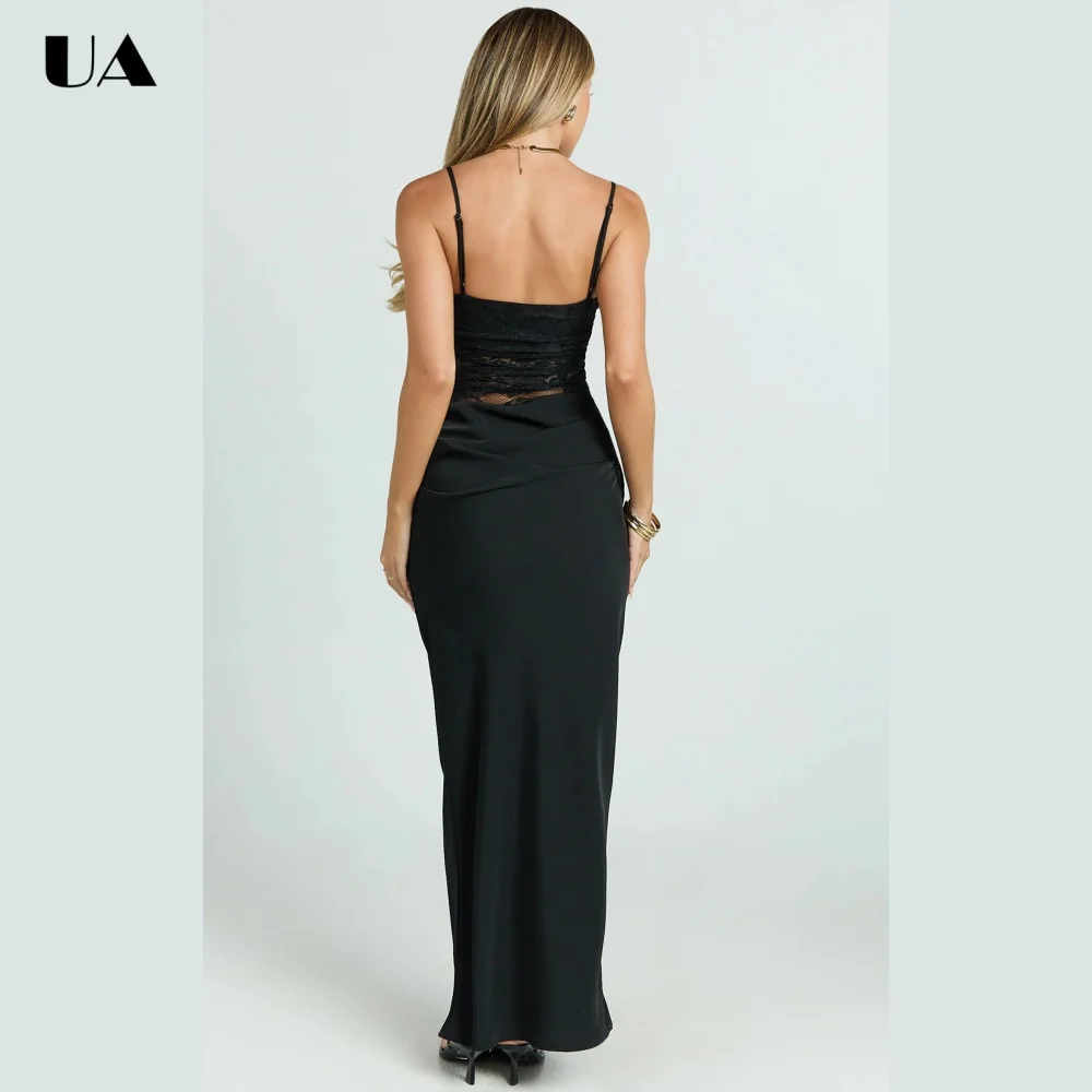 

ULBYANRY Sexy Lace Patchwork Backless Prom Dress, Simple Spaghetti Strap Evening Dress, Customized Sheath Draped Party Dress
