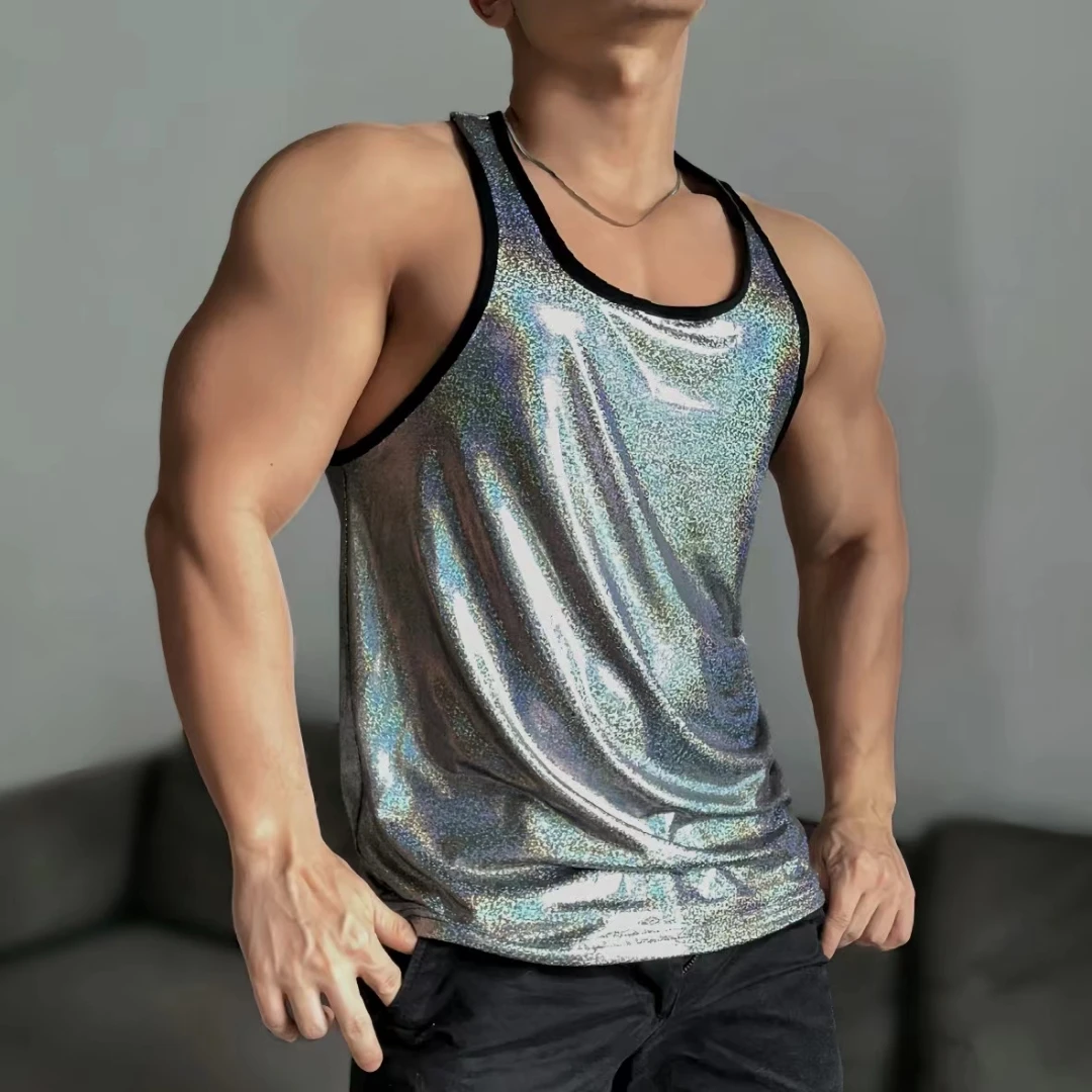 Futuristic Silver Laser Tank Top Male Muscle Tight Fitness Nightclub Bar Singer DJ Show Stage Wear