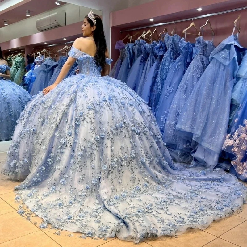 Sky Blue Quinceanera Dress 2024 Sparkling 3D Floral Flowers Applique Princess Ball Gown Sweet 15 Vestidos De XV Años Party Gown