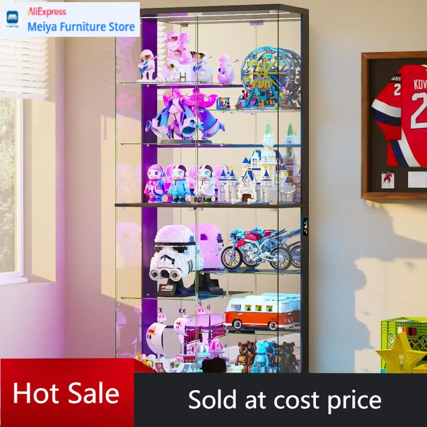 71 Inch Black Glass Display Cabinet 10 Tier Lockable Curio Case With RGB Lights Human Body Sensor For Collectibles