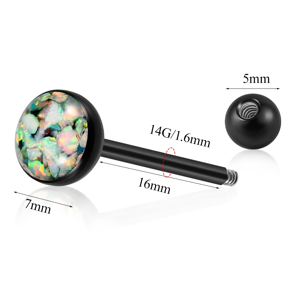 1Piece Opal Stone Tongue Barbell Black Plated Stainless Steel Fashion Tongue Piercing  Rings  Jewelry 14G