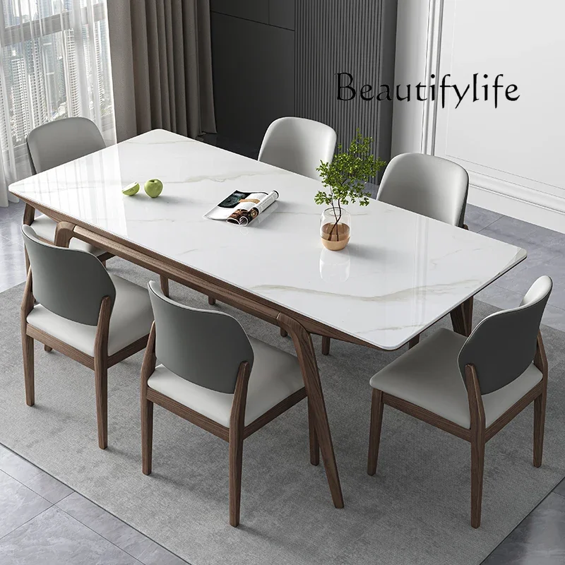 Solid wood rock slab dining table Modern simple walnut rectangular bright white rock slab dining table