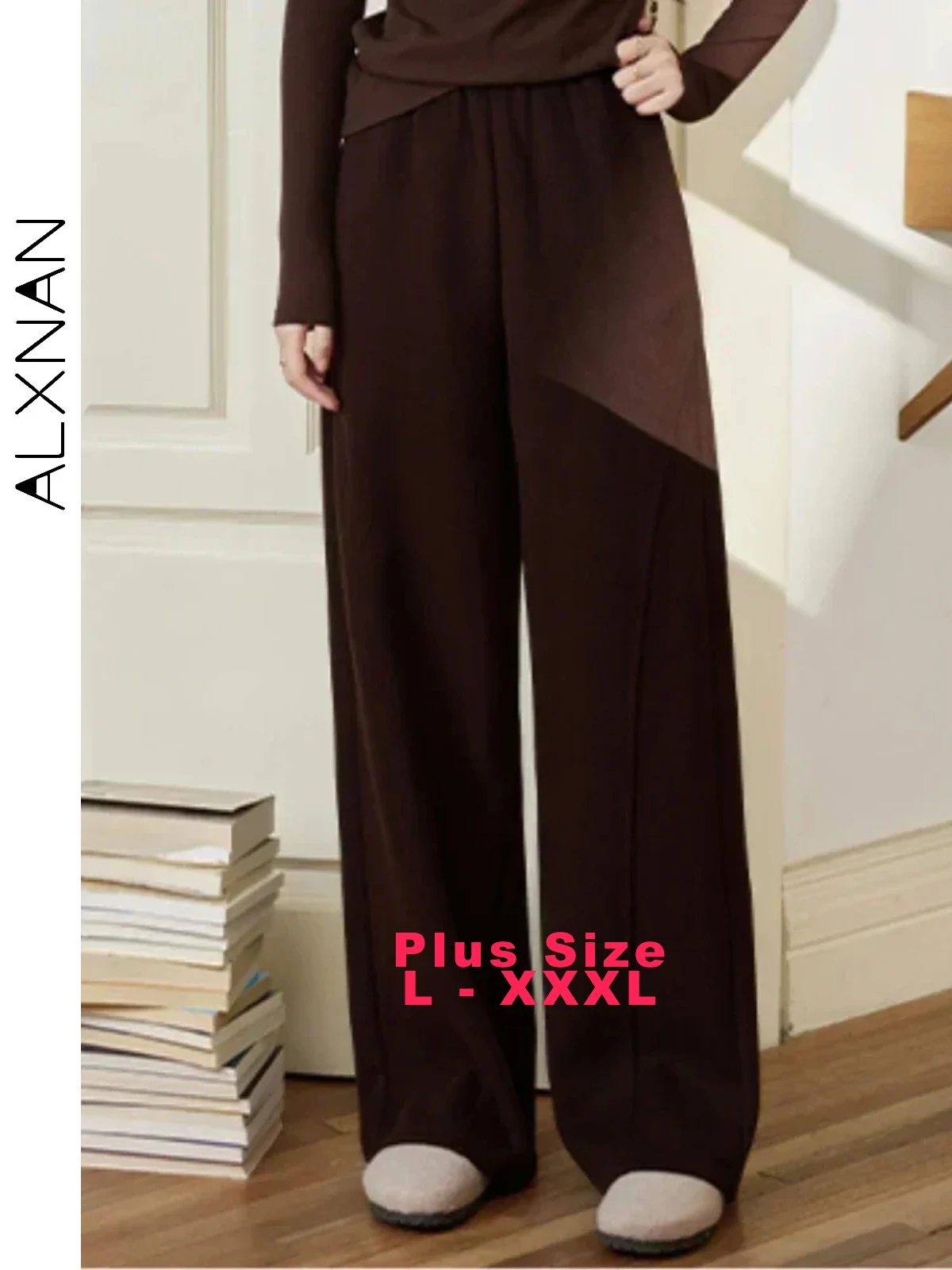 

ALXNAN Women's Plus Size Elastic High Waist Pants Casual Slim Straight Wide Leg Trousers 2024 Fall Winter Female Bottoms D08119