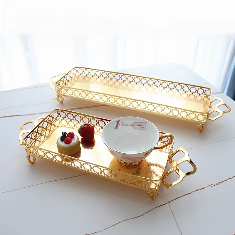 Golden Rectangle Metal Tray Decorative Plate Flower Basket Fruit Snack Dessert Plates Cake Pan Storage Jewelry Trays