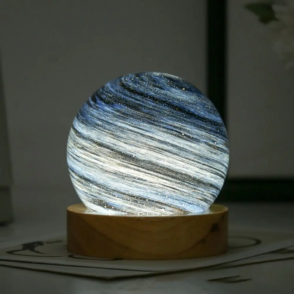 USB Plug in 3D Planet Glass Lamp With Wooden Stand Luminous Glass Sphere Crystal Ball Desktop Ornament 3 Color Light