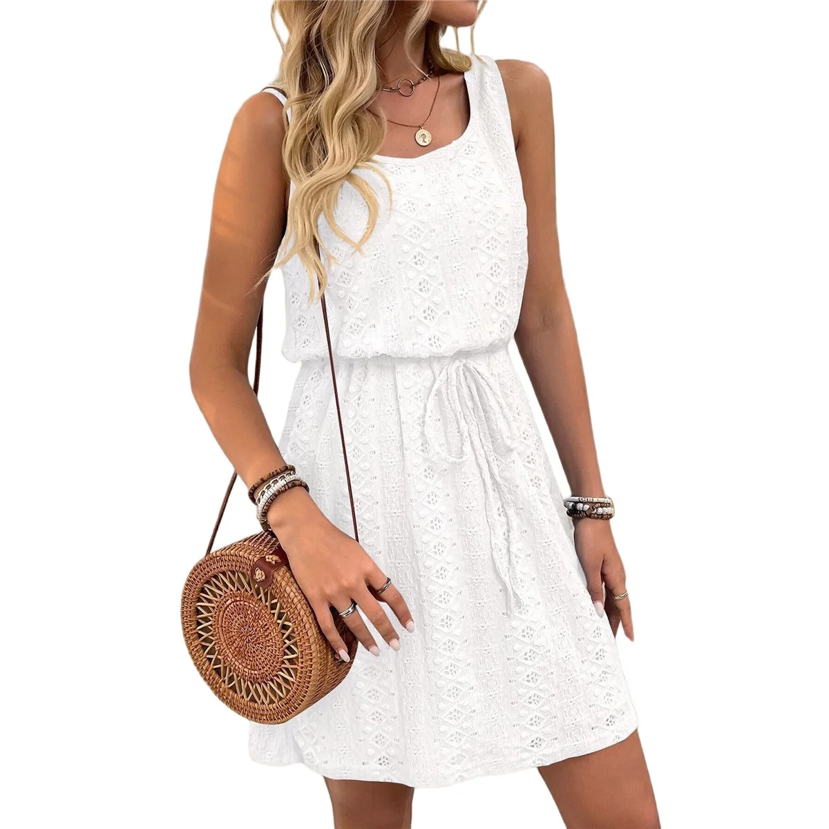 女性中空アウトテクスチャード巾着ミニドレスホワイト M