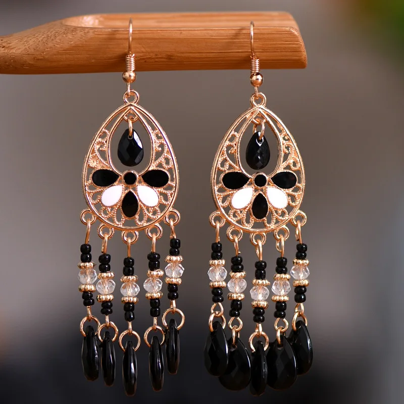 Vintage Ethnic Long Drop Oil Flower Beads Tassel Earrings for Women Boho Gold Color Hollow Acrylic Water Drop Dangle Earrings