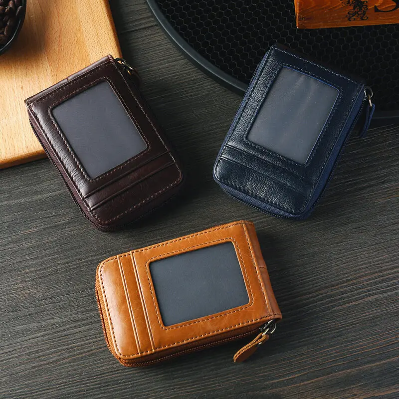 

Genuine Leather Card Holder Wallet RFID Zipper Card Bag ID Transparent Window Cards Cases