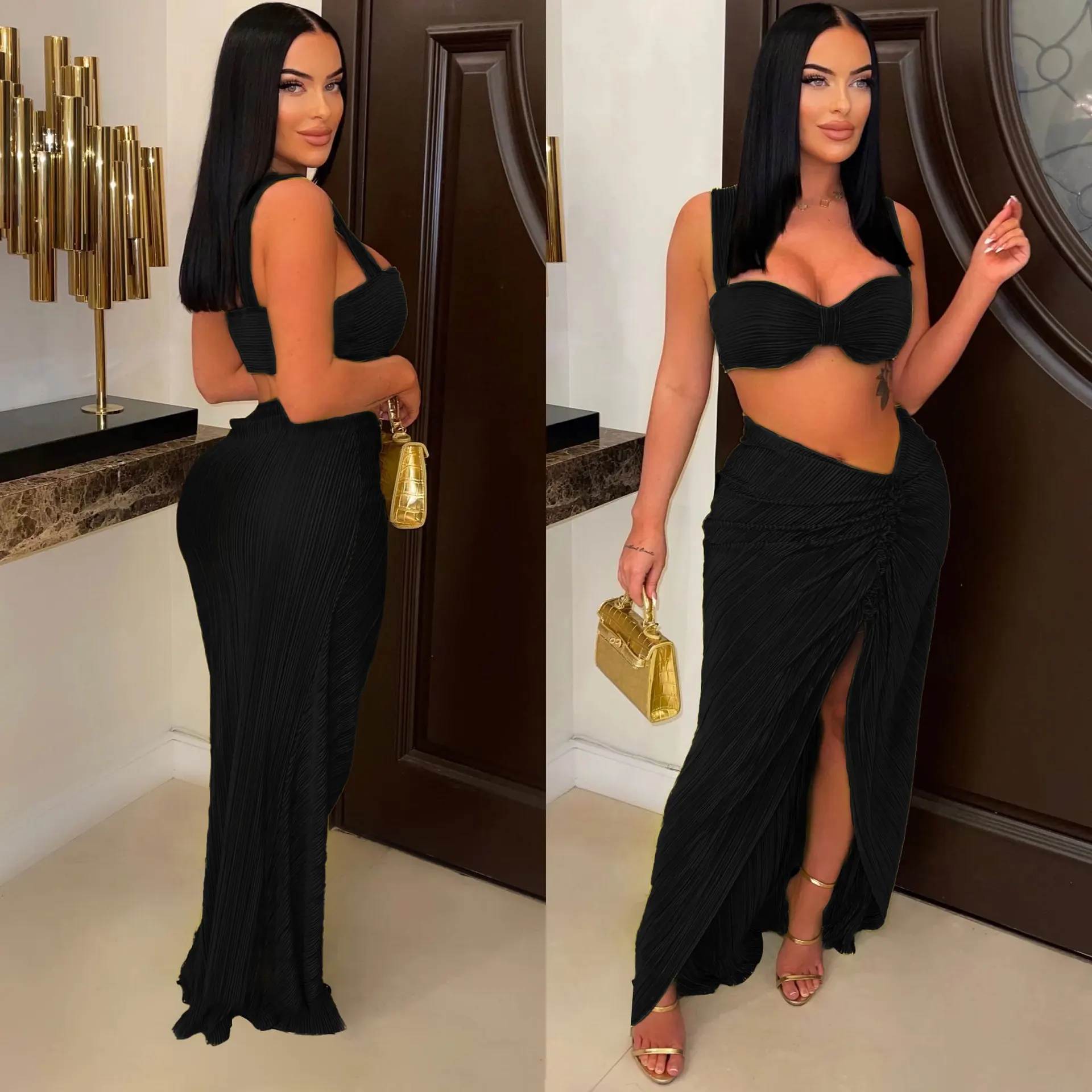 Off Shoulder Crop Tank Top High Slit Maxi Skirts Pleated Women 2 Piece Set 2023 Summer Sexy Night Club Birthday Party Vestidos