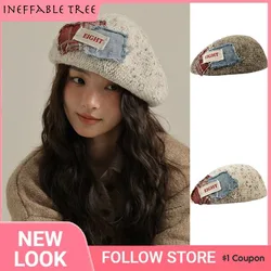 Korea Autumn Versatile Big Head Patch Design Splicing Beret Women's Niche Trend Temperament Cloud Streetwear Painter Bonnet Hat