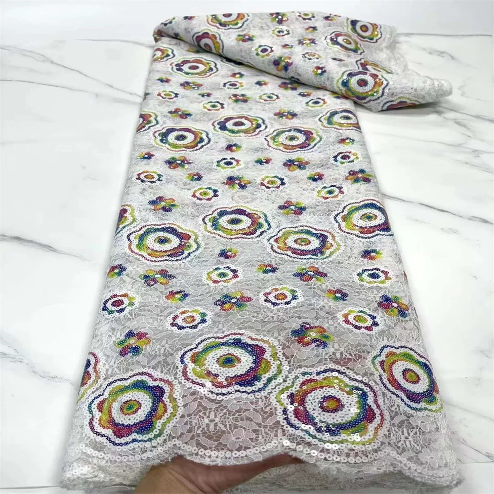 Tecido de renda de tule francês africano, Tecidos nigerianos para vestido de casamento, renda Chantily com lantejoulas, 5 jardas costurar