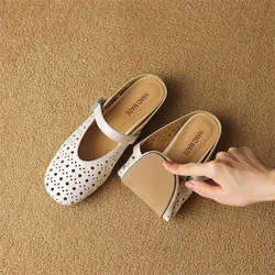 New Split Leather Summer Slippers Cover Toe Slippers for Women Round Toe Hollow Out Mules Shoes Ladies Low Heel Zapatos Mujer