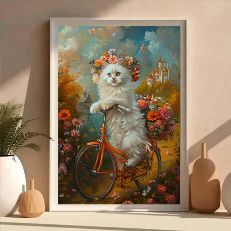 This AB diamond DIY diamond painting set, featuring a kitten riding a bicycle, is ideal for adults and beginners.