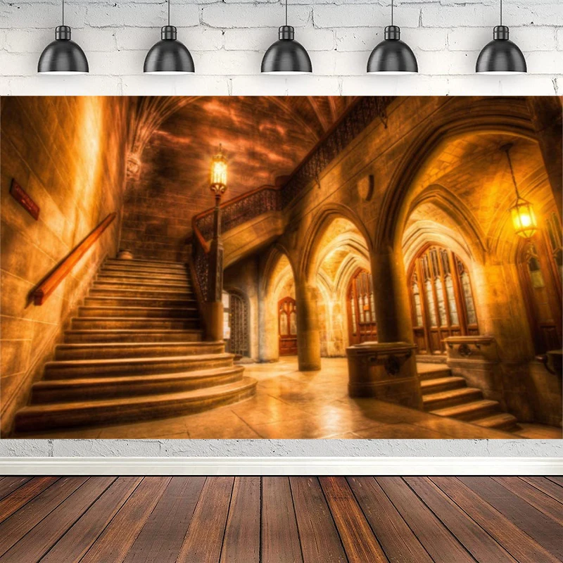 

Vintage Medieval Castle Interior Photography Backdrop Archway Columns Old Stairway Dim Light Architecture Pillars Background