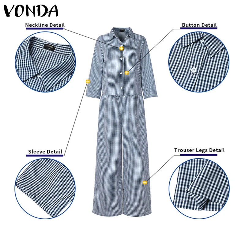Grande taille 5XL VONDA Vintage combinaisons femmes élégant Plaid longue salopette mode 3/4 manches décontracté combishorts Streetwear pantalon