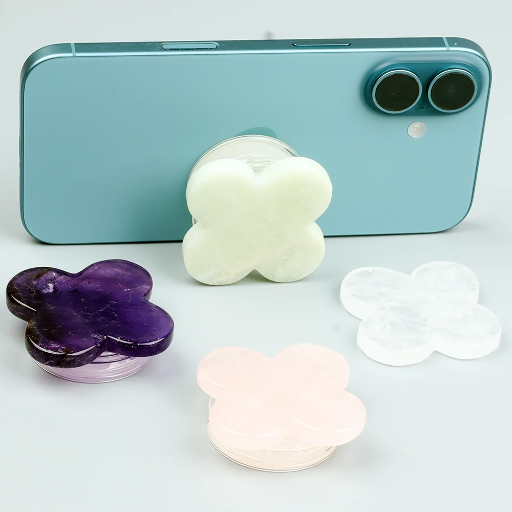 

Amethyst Four-leaf Clover Phone Bracket Phone Holder Foldable Desktop Stand Cute Crystal Retractable Grip for Mobile Devices