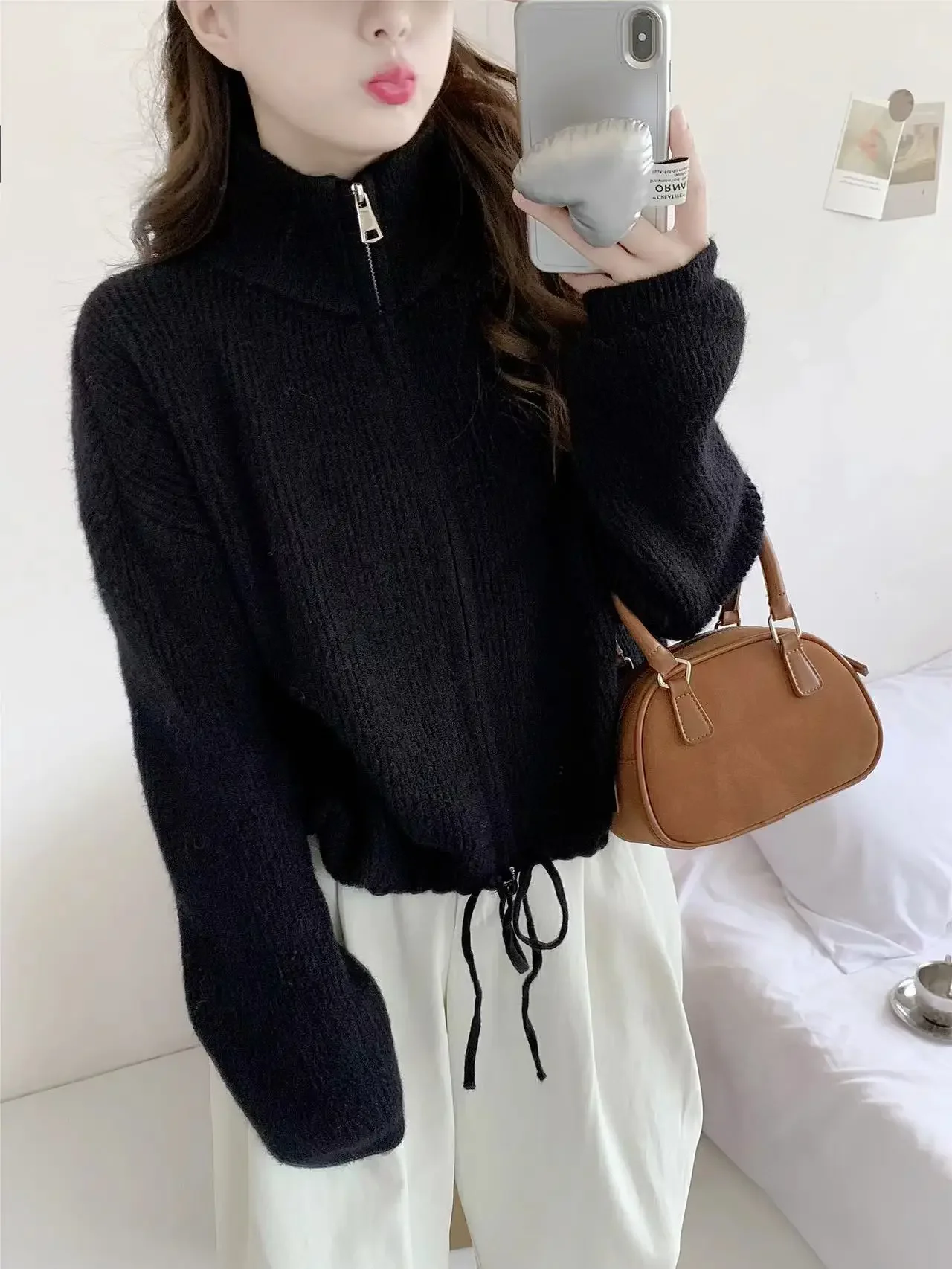 2024 Autumn Winter New Sweater Female Korean Double Zipper Design Sense of Knitted Cardigan Fashion Soft Waxy Drawstring Coat