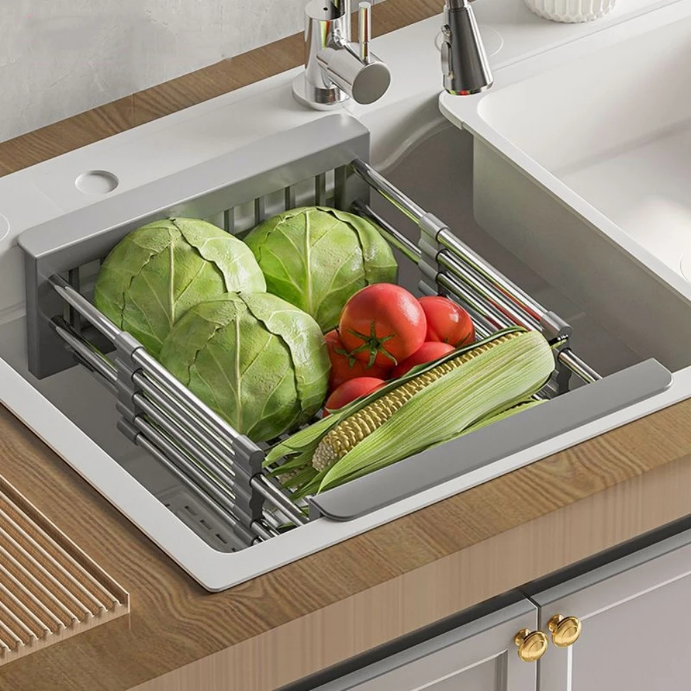Kitchen Sink Drain Rack Stainless Steel Extendable Dish Drying Rack Drain basket Fruit Vegetable Washing Drainer Storage rack