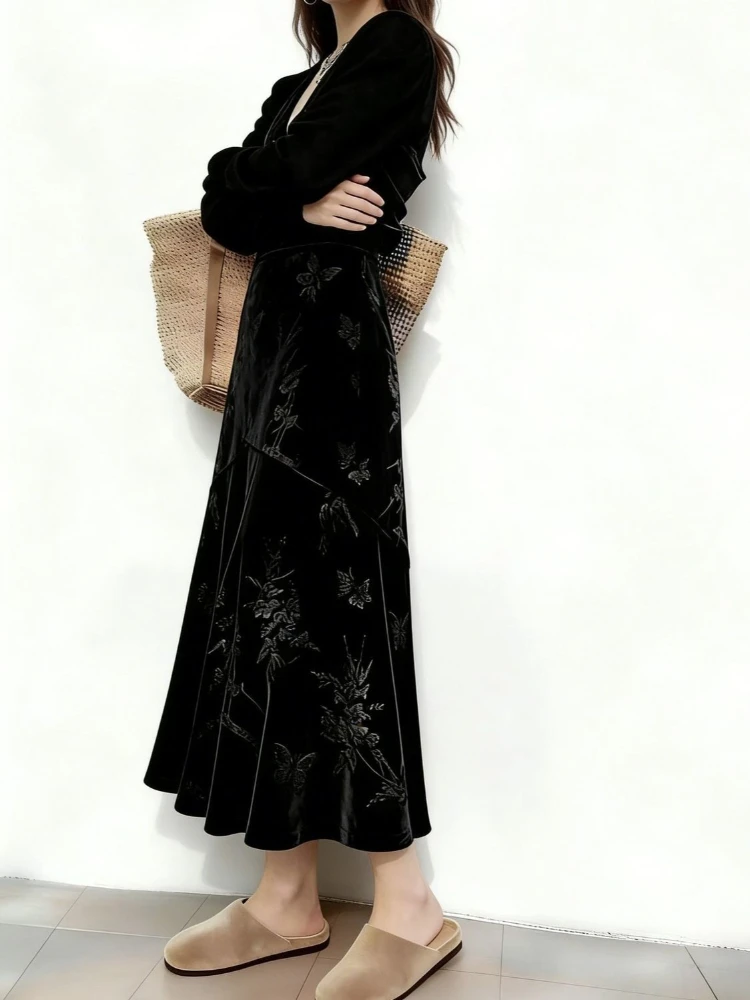 Spring and Autumn Edition High End Autumn Vintage Chinese Style High Waist Skirt A-line Velet Simple French Jupe Fashion Print A