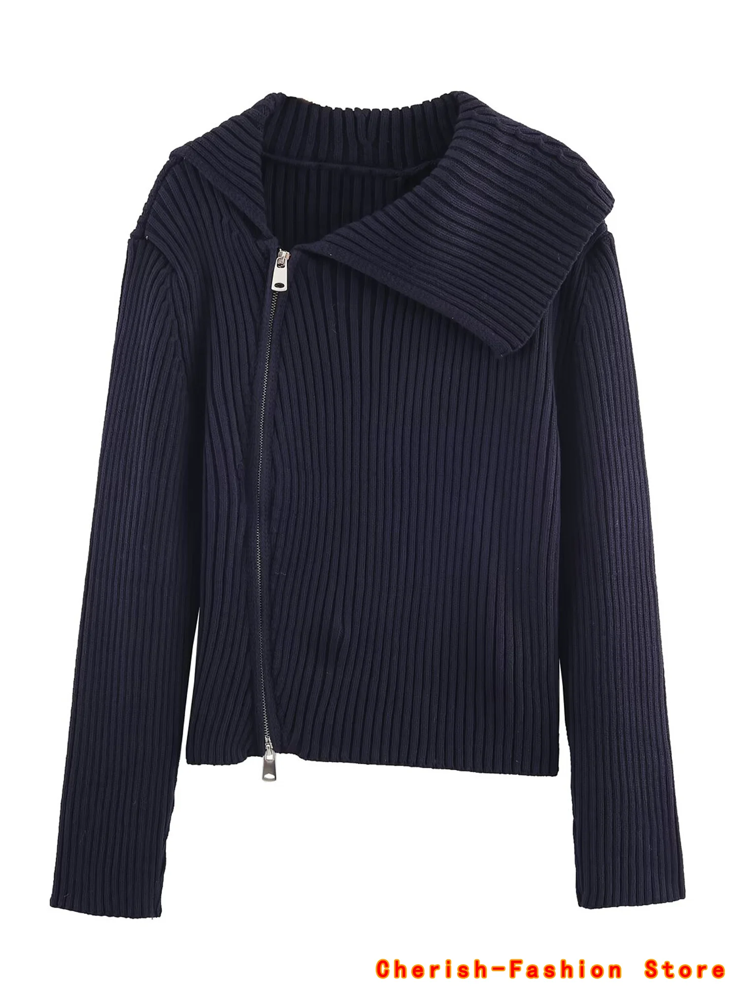

New European and American style autumn new arrivals women's clothing zipper ribbed lapel long sleeve knitted jacket Slim Sweater