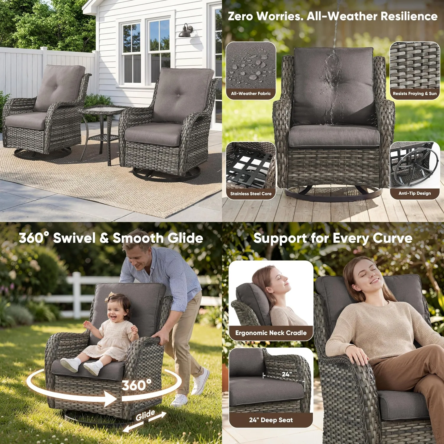 

Mixed Grey Wicker Swivel Rocking Patio Chair Set with Side Table 3 PCS Outdoor Furniture, Customized