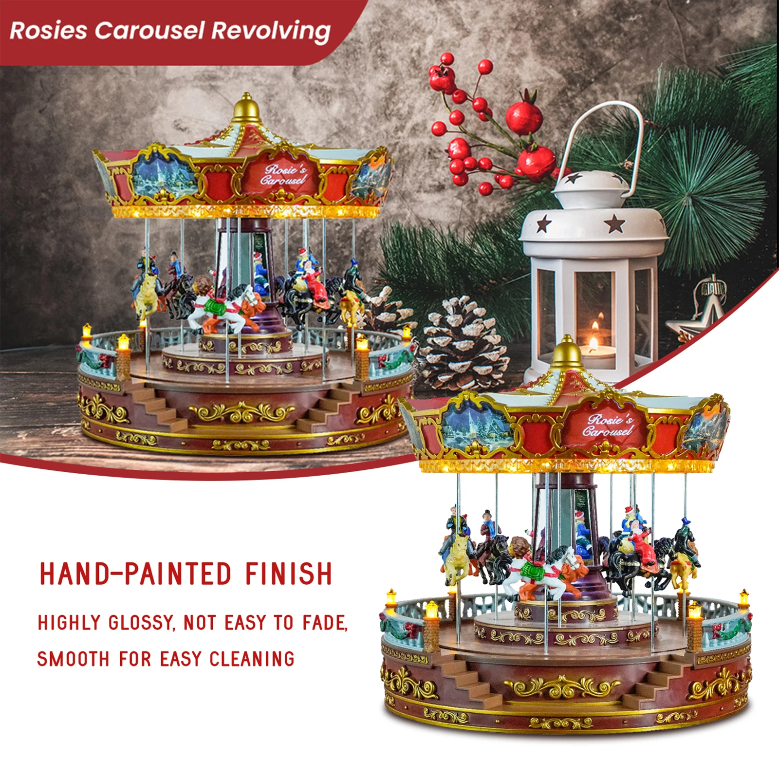 

Christmas Carousel Music Box with Lights US 110V Adapter Hand Painted Tabletop Ornament for Valentine Gift Durable Multipurpose