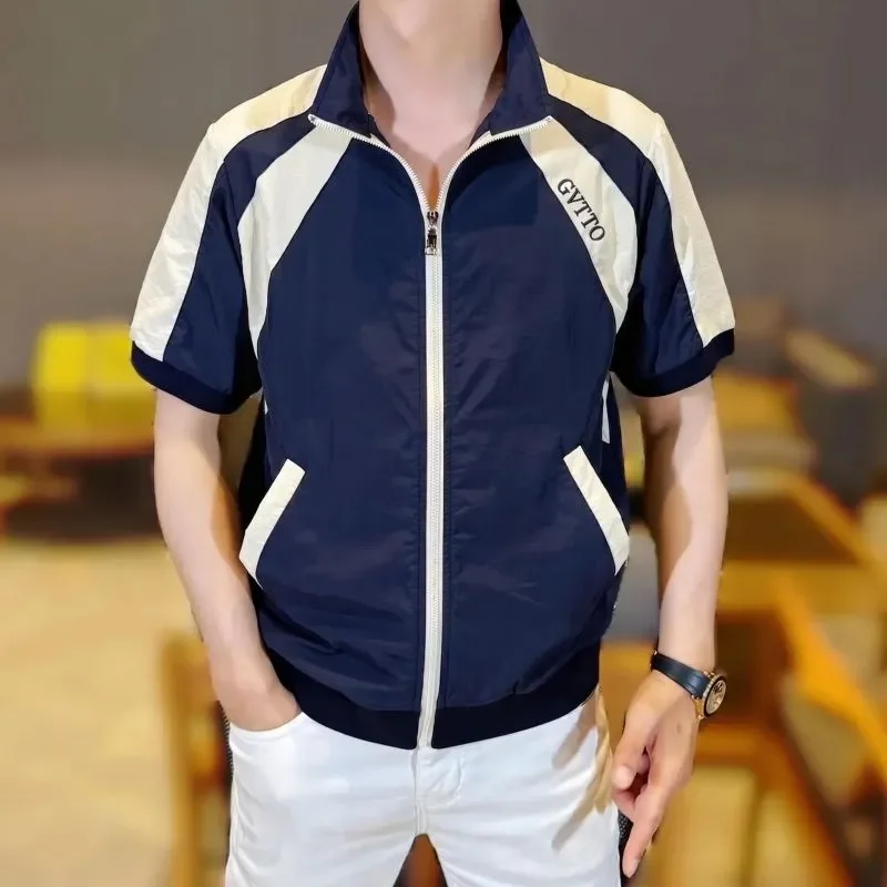 Men's Short Sleeve Zipper Jacket Lightweight Casual Spliced Design Green and White Color Summer Outerwear