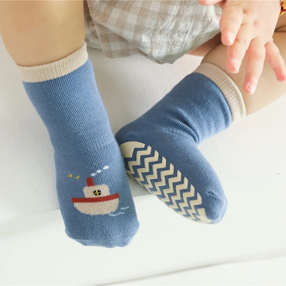 Autumn Spring Baby Anti-slip Sport Thermal Floor Socks 2022 Children Cute Cartoon Transport Knitted Home Long Slippers Stocking