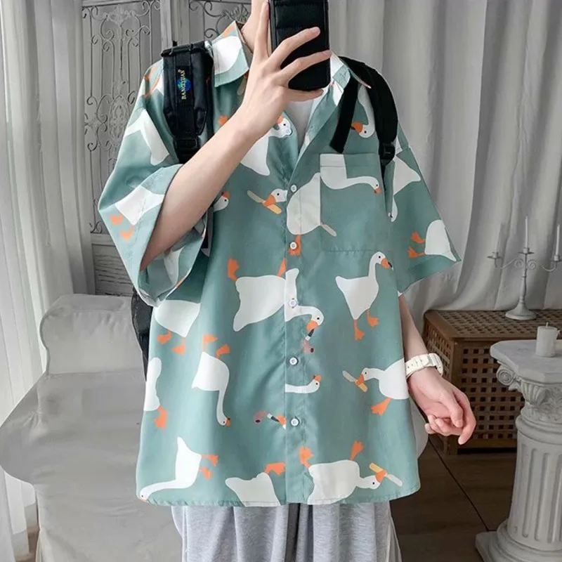 Summer Cartoon Duck Printed Shirt Men Unisex Shirts Vacation Matching Blouses Lapel Shirt Teenager Boys Daily Streetwear