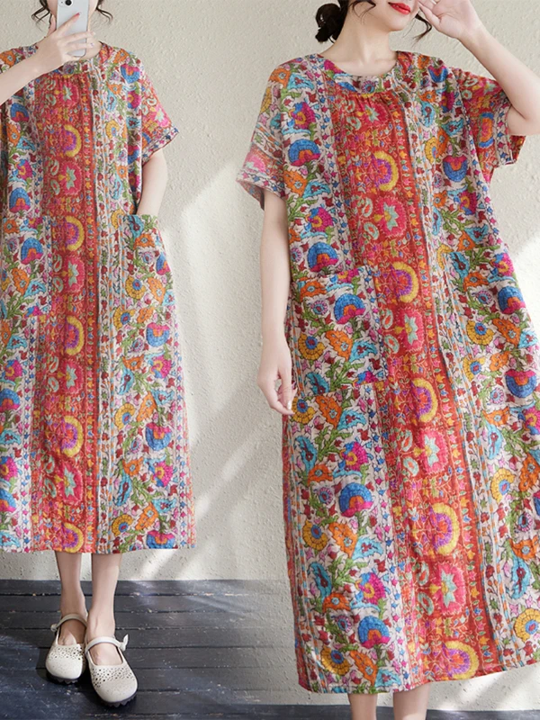 Vestido solto de linho de aodão estampado casual manga curta vestido f verão e em torno do pescoço emaecime...