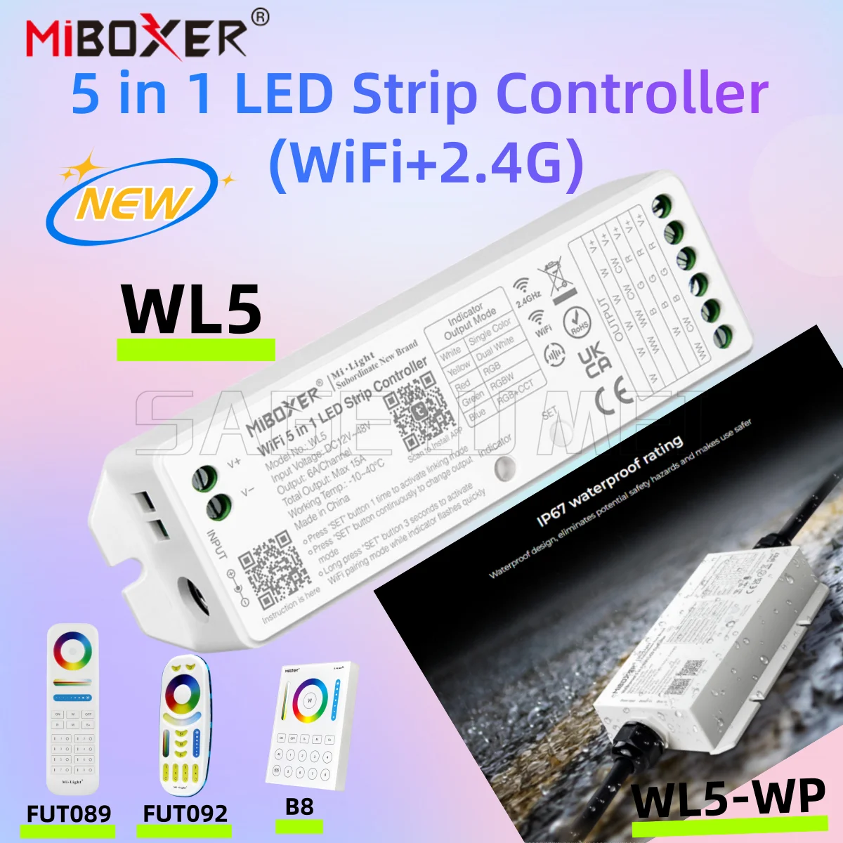 Miboxer New Upgraded Waterproof IP67 WL5-WP&Non-waterproof WL5 5-in-1 LED Controller WiFi+2.4G  Smart LED Strip Control DC12~48V