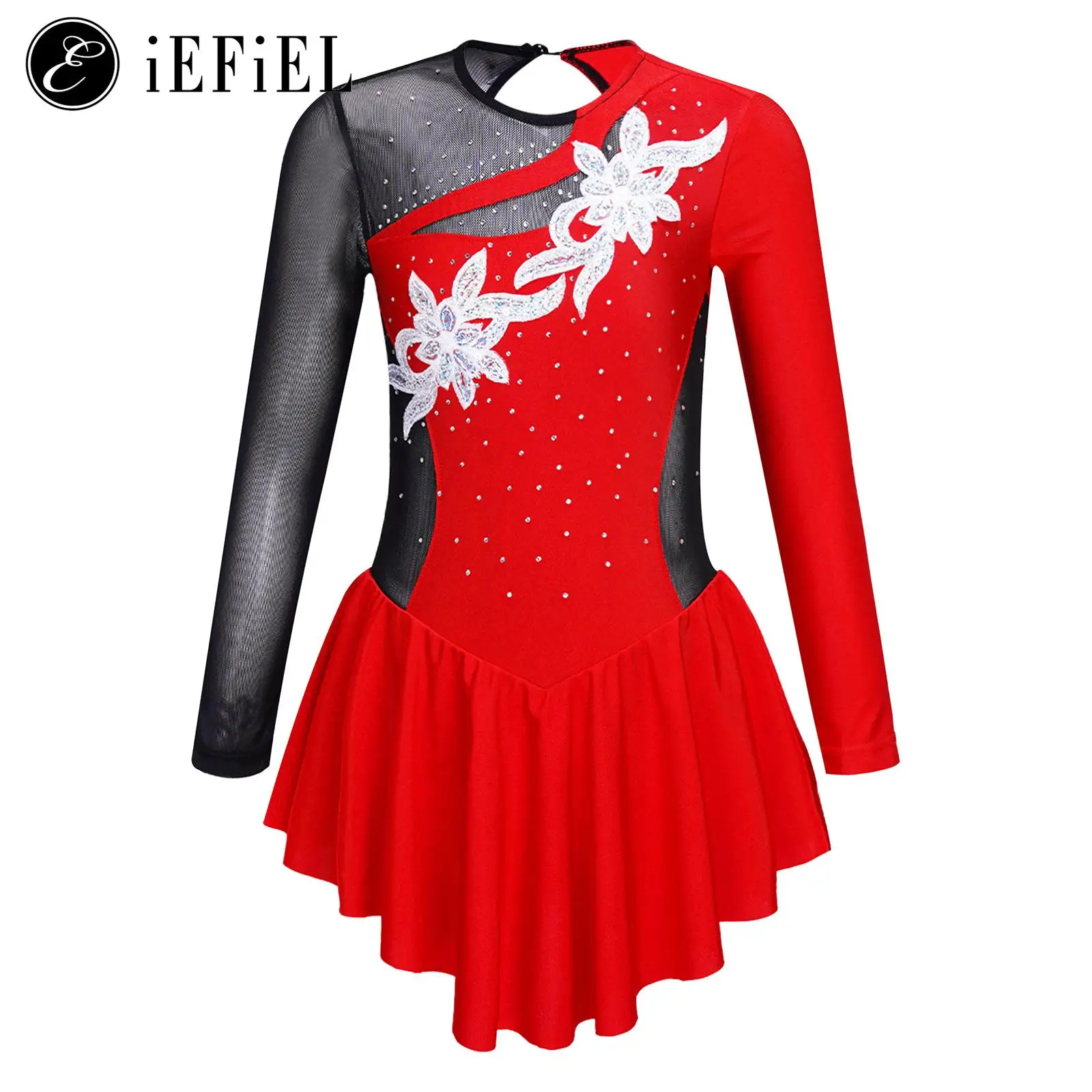 Kids Girls Applique Long Sleeve Figure Ice Skating Dance Dress Mesh Splice Back Ballet Leotard Modern Lyrical Dancewear