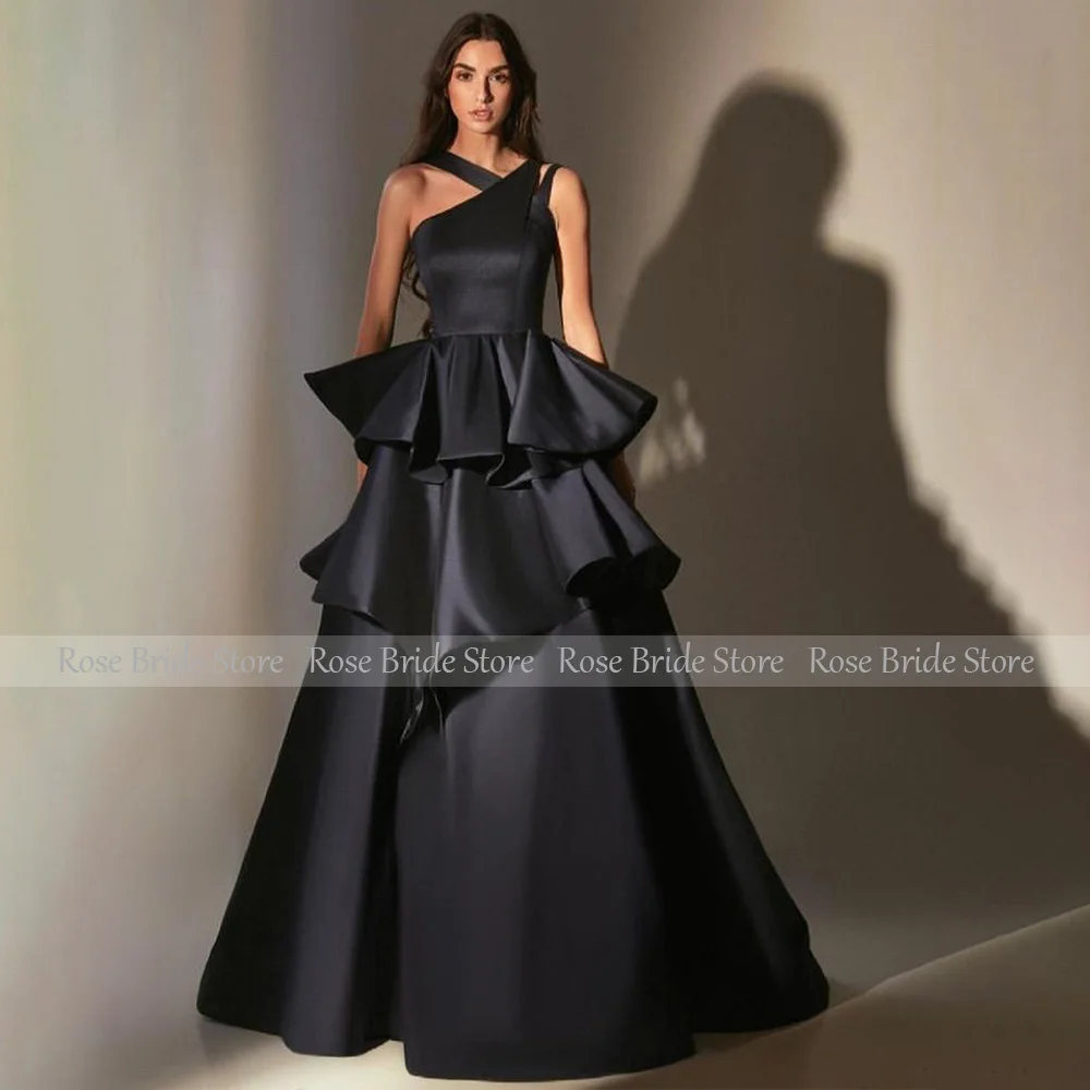 Elegant Graduation Prom Dress Black Satin Tiered A Line Women\'s Prom Gowns Long Asymmetrical Formal Evening Party Dresses 2024