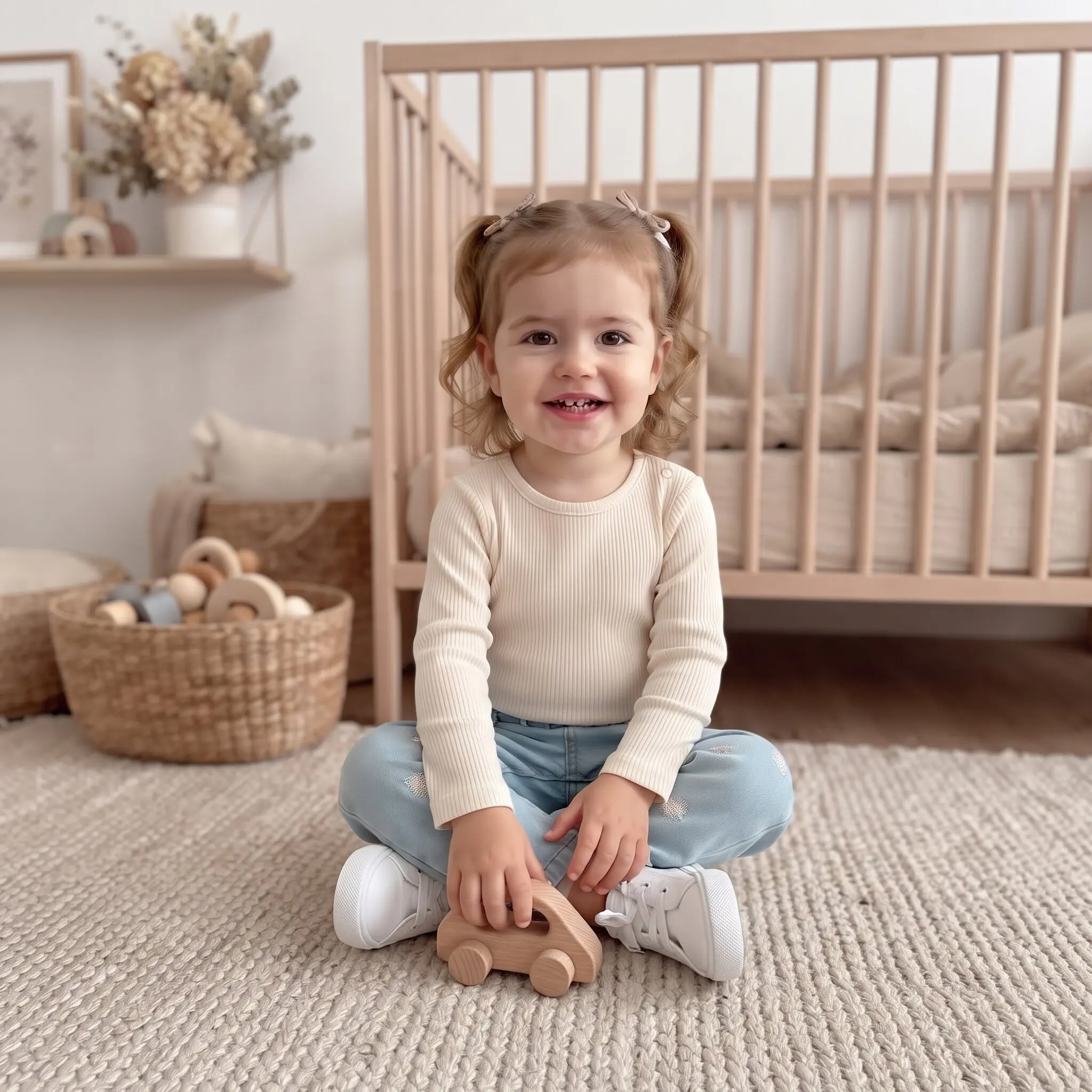 Spring Autumn Baby Girl Light Wash Floral Embroidered Jeans, Infant Elastic Waist Pocket Loose Straight Casual Pants