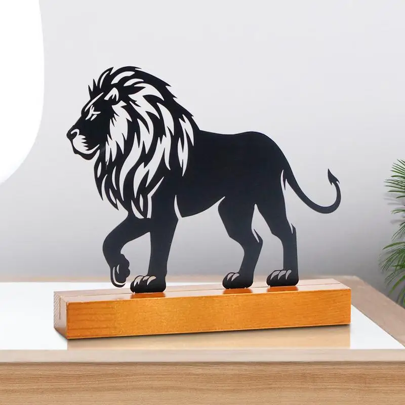 Metal Lion Sculpture Ornate Metal Lion Figurine Realistic Desktop Crafts Metal Sculpture With Wooden Base For Cabinets Living