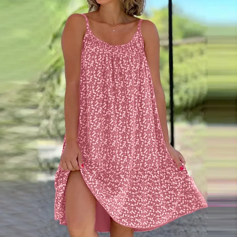 Vestido feminino elegante plissado solto para praia, sem mangas com decote em O, vestidos casuais com estampa floral, verão, novo, 2023