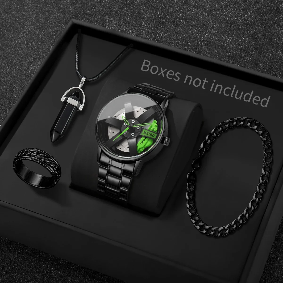 4PCS/Set Fashion 3d Car Wheel Dial Men Sports Watches Luxury Stainless Steel Quartz Watch Jewelry Set Reloj Hombre (Without Box)
