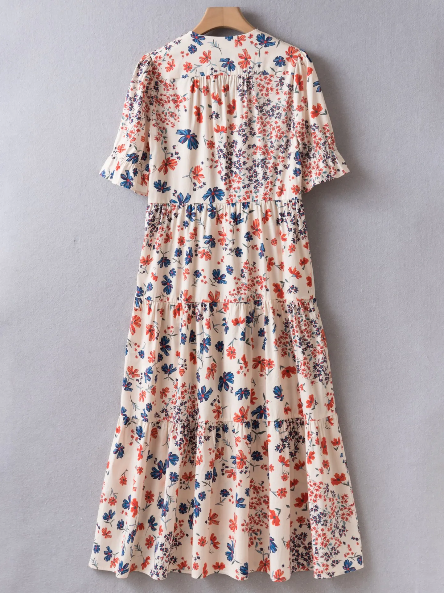 Summer Collection | Beige Print CottonTea Dress | V-Neck Puff Sleeve Elastic Waist Dress | UK6-UK16