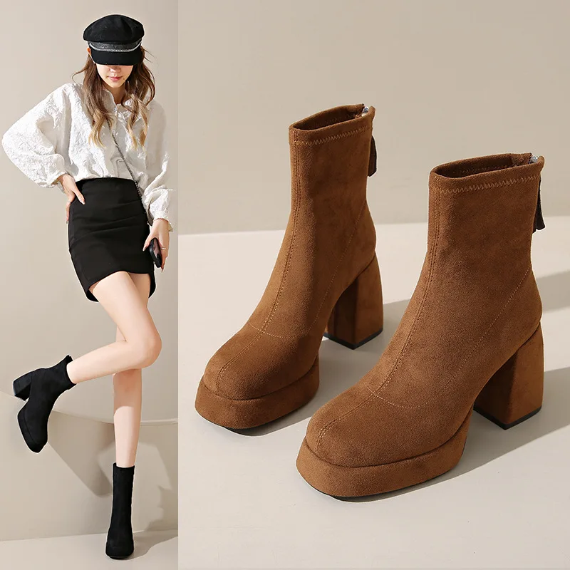 

New Fashion Thick Heel Velvet Boots Women's Zipper Back High Heels Cloth Boots Korean Style Mid-Calf Winter Boots