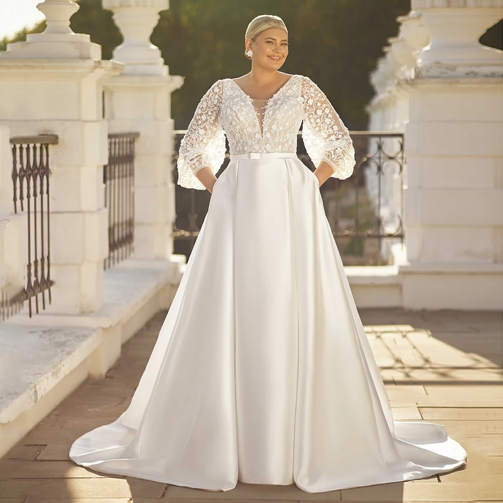 2024 Plus Size Wedding Dresses Classic Satin Bridal  Puff Sleeves V Neck Beading Sequined A Line Bride Gown with Pockets