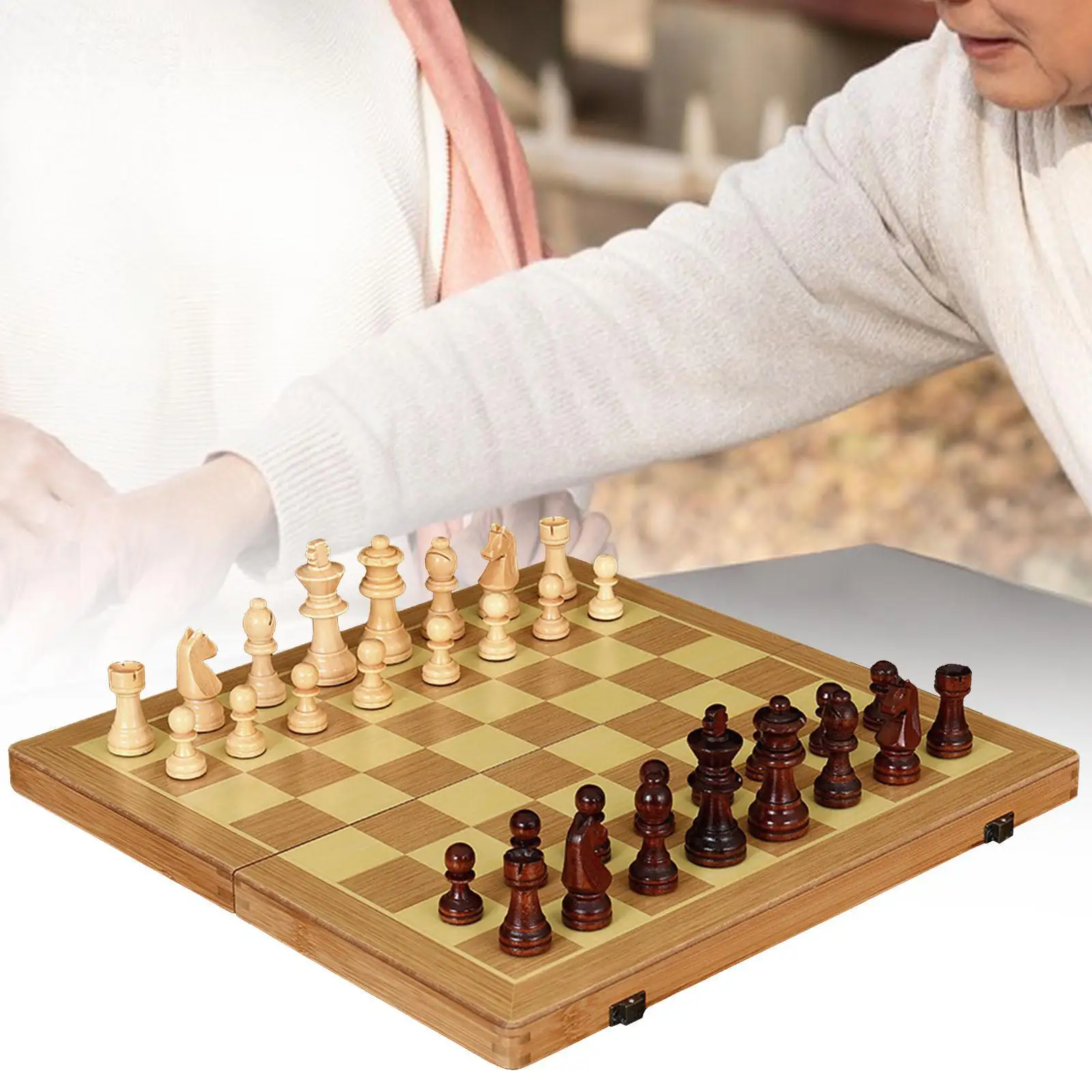 Jeu d'échecs en bois, échecs pliants en bois, ensembles 2 en 1, planche pliante, compétences cognitives pliables, jeu d'échecs pour débutants pour enfants âgés de 8 ans et plus