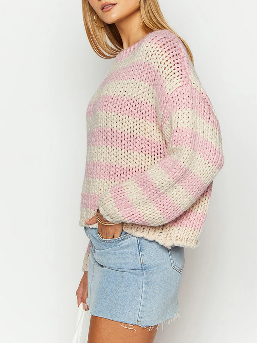 Women s Spring Autumn Knit Sweaters Pink Long Sleeve O Neck Stripe Print Knitwear