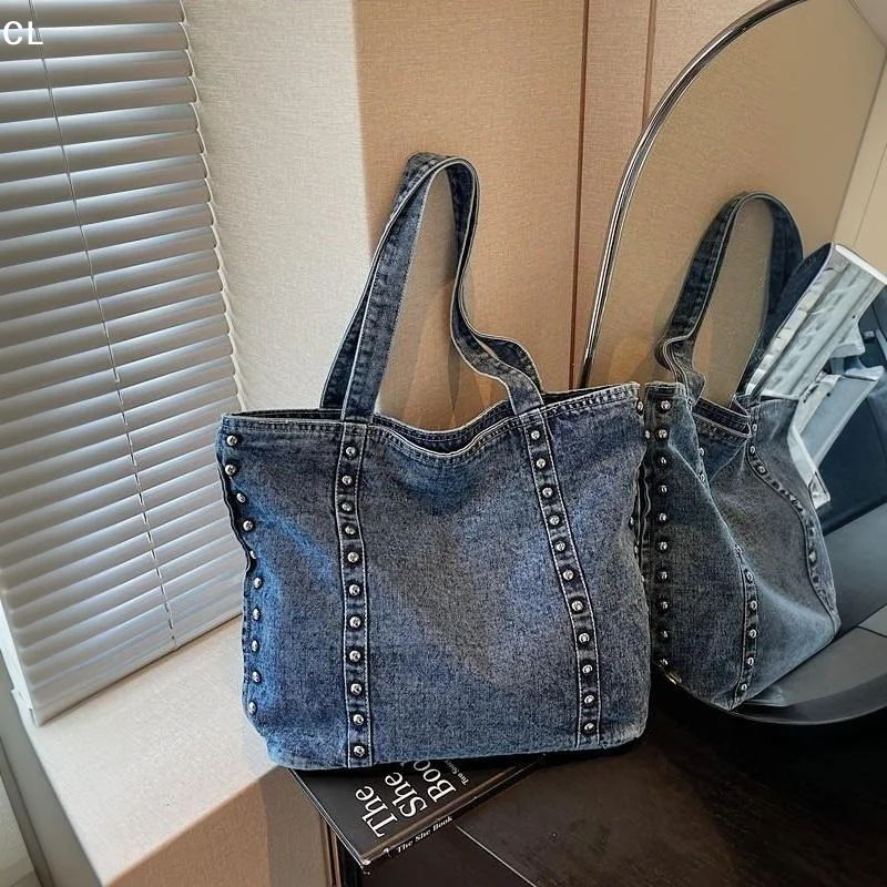 AttireTroveNew Large Capacity Rivet Handbag Women's Tote Bag Retro Handbag Soft Denim Material Zipper Opening Daily Use