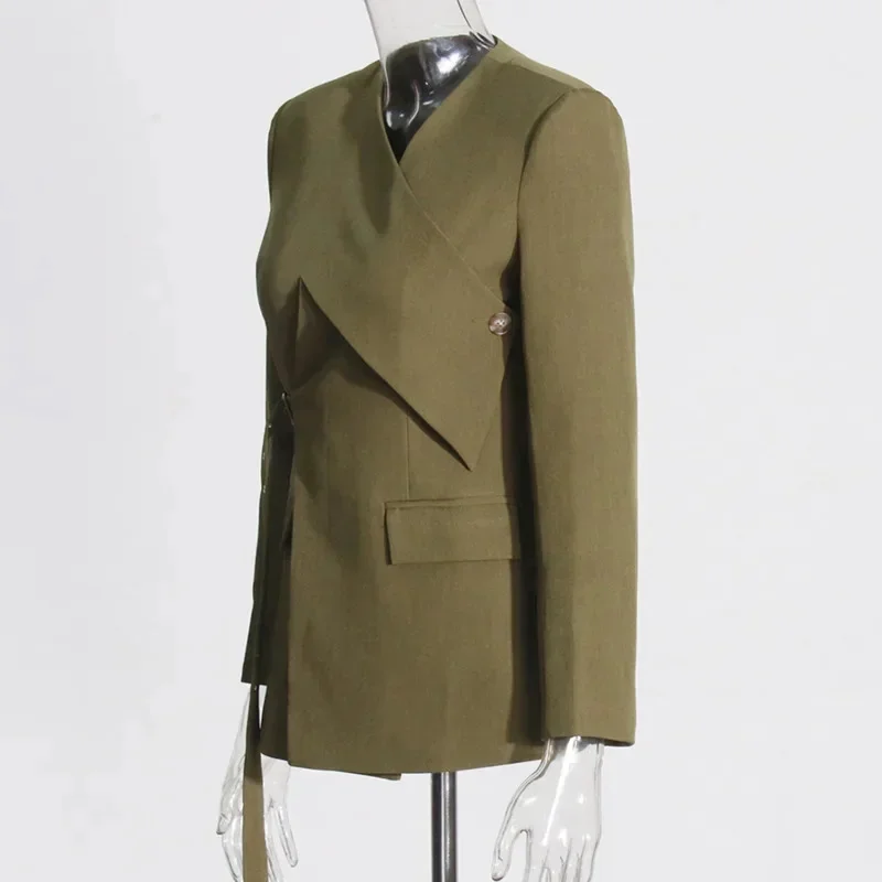 Solid Asymmetrical Blazers Women V Neck Long Sleeve Patchwork Lace Up Retractable Waist Slim Jackets Female 2024 Autumn New Coat