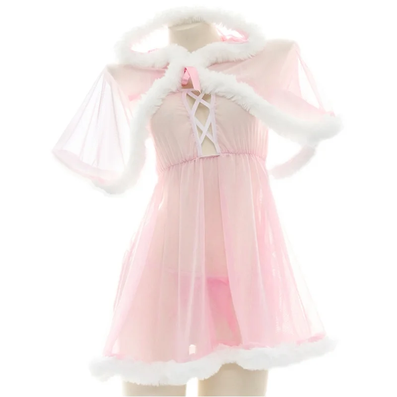 

Lolita Pink Hooded Cape Chiffon Dress Anime Cosplay Sleepwear Women Hollow Out Mesh Furry Nightdress Pajamas Uniform Outfit