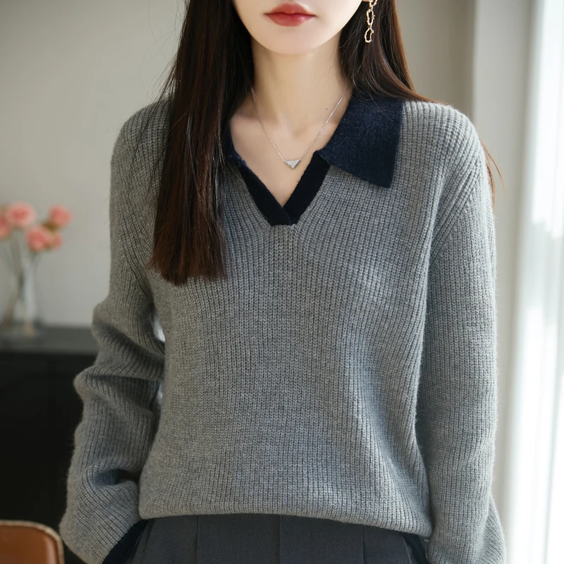 OLO collar long sleeved knitted sweater for spring and autumn seasons, knitted slim fit temperament tone sweater top