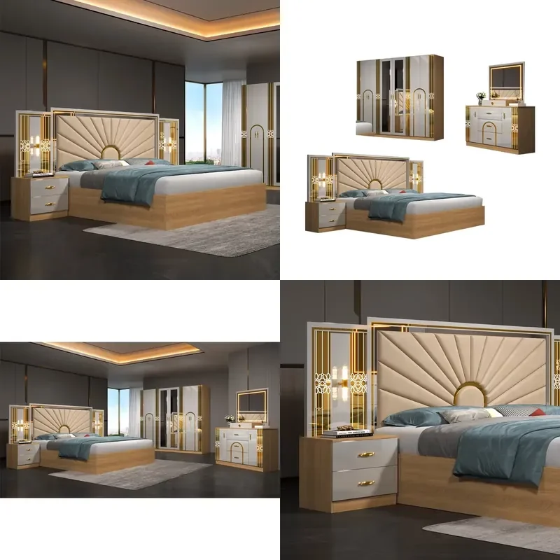 Luxury Royal King Size Bedroom Set Turkish Style Gold Mirrored LED Lighted Dubai Furniture Elegant Super Large Modern Home