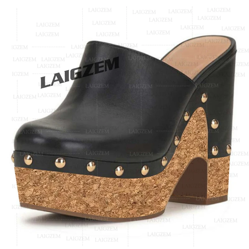 ZHIMA Women Platform Pumps Mules Round Toe Studded Slip On 15CM Thick High Heels Handmade Shoes Woman Large Size 39 41 43 47